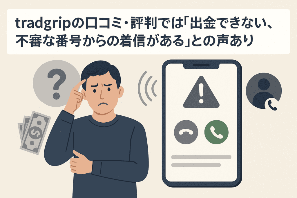 tradgripの口コミ・評判では「出金できない、不審な番号からの着信がある」との声あり