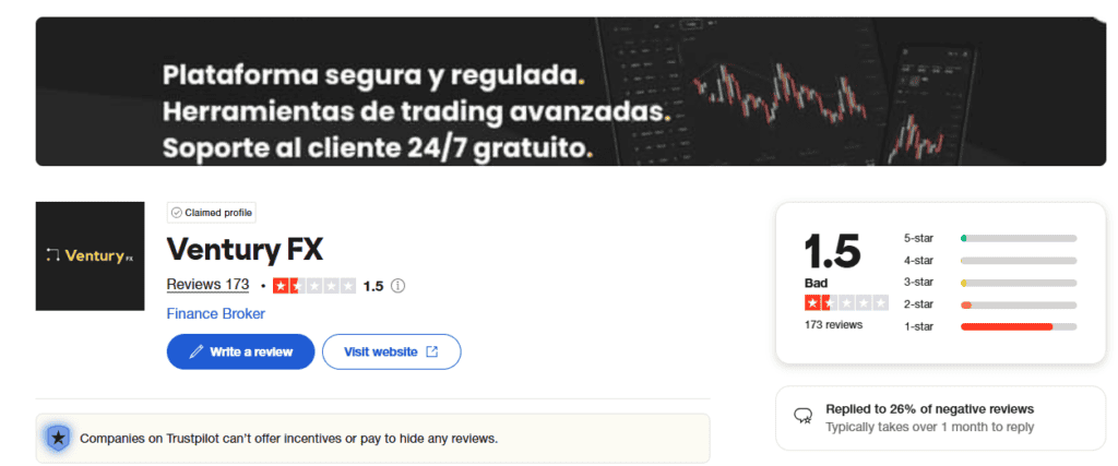 VenturyFXのTrustpilotでの評価