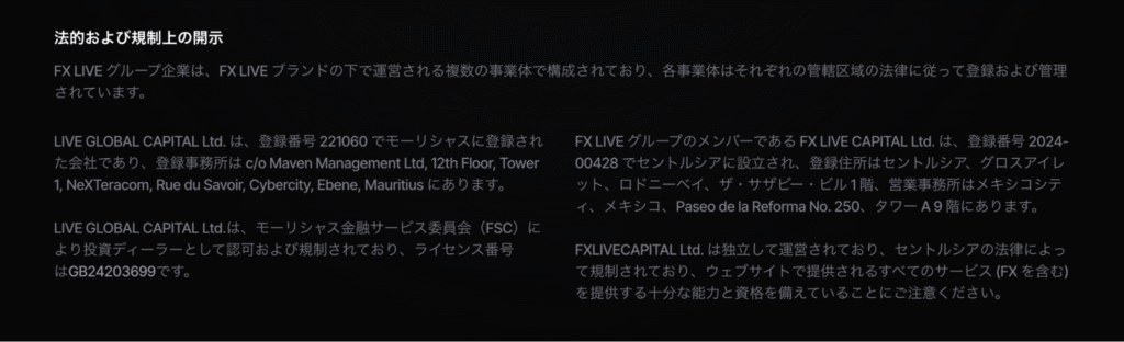 FXLIVECAPITALのライセンス情報