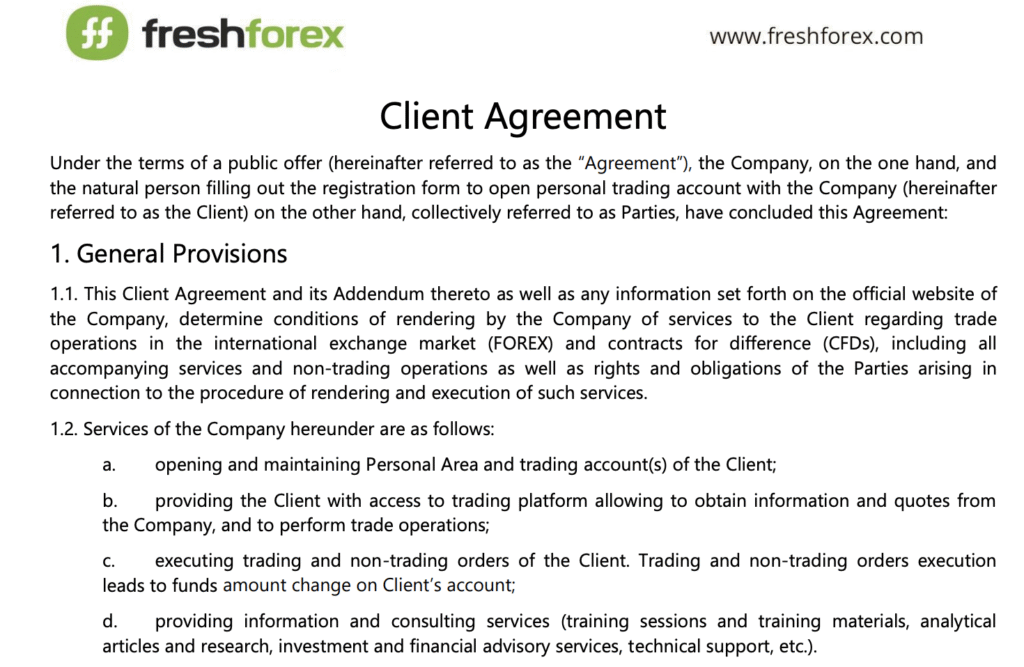 FreshForexの顧客契約