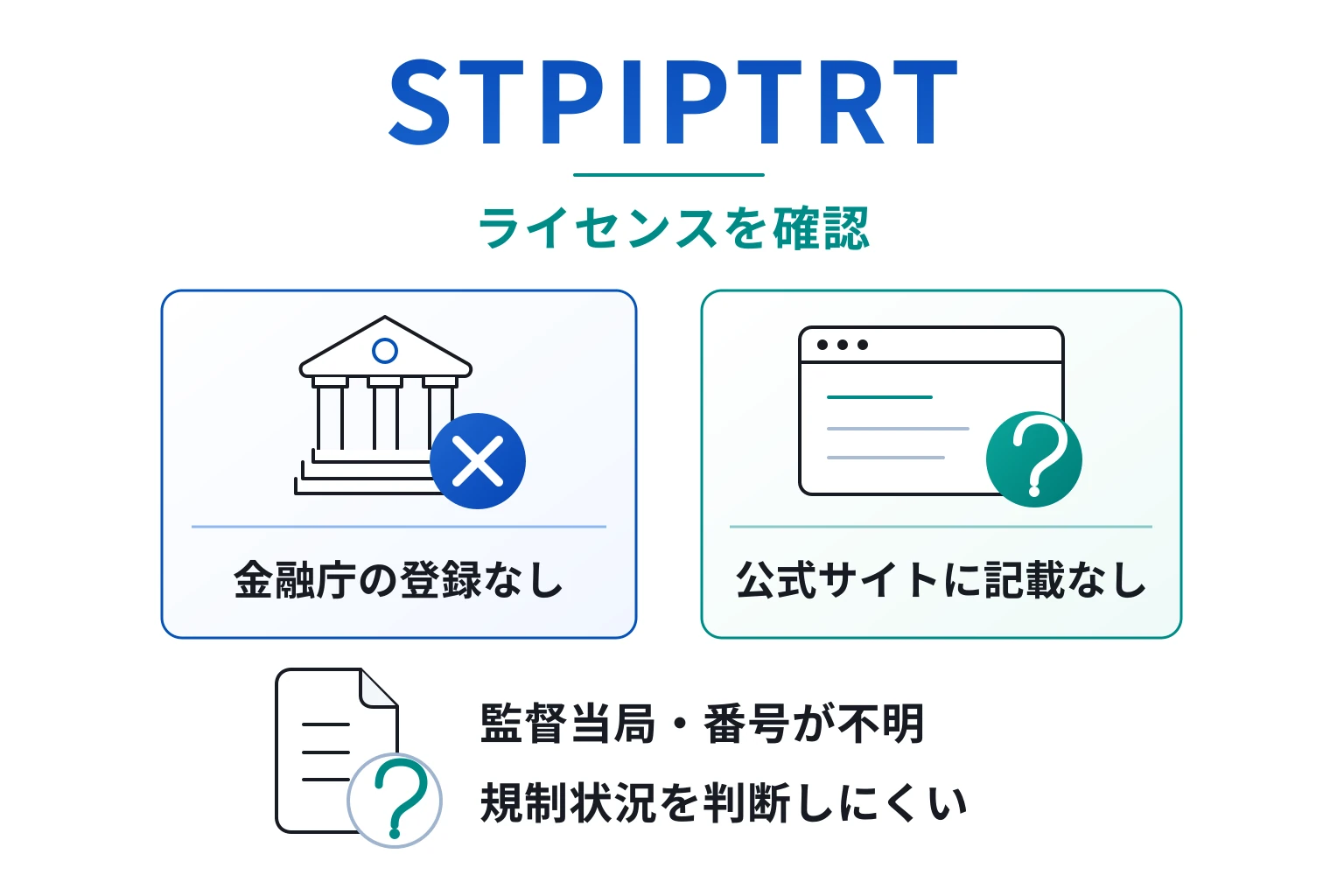 STPIPTRTは日本語で案内する一方、登録国・監督当局・ライセンス番号が不明
