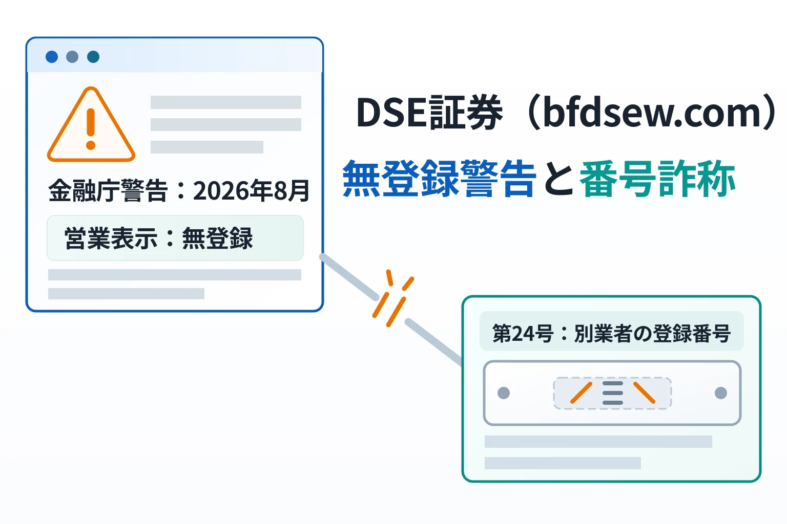 DSE証券（bfdsew.com）は金融庁が無登録営業を警告し、表示された登録番号も別業者のもの