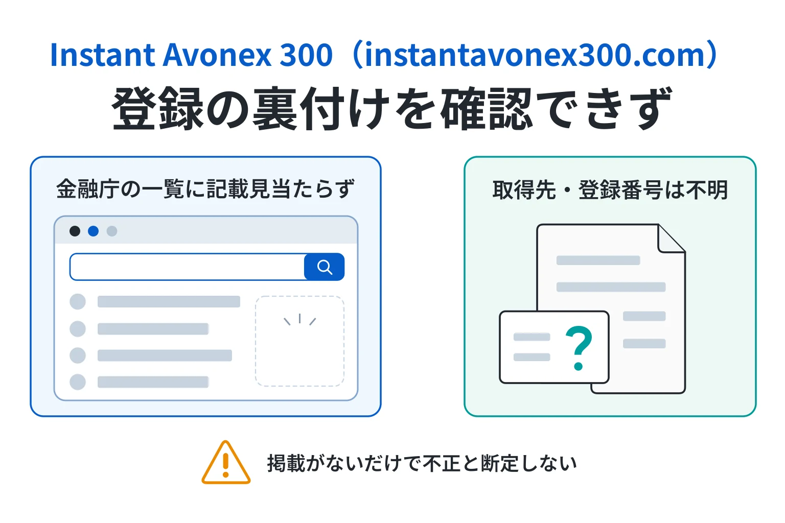 Instant Avonex 300（instantavonex300.com）は金融庁登録とライセンスの取得先を確認できない
