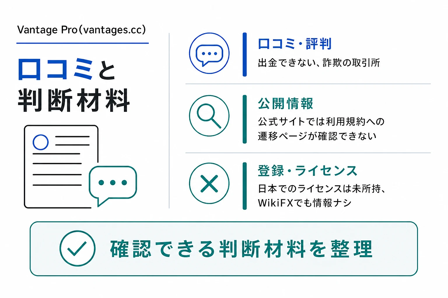 Vantage Pro(vantages.cc)は利用規約が確認できず、口コミ情報も見当たらない不透明な取引所