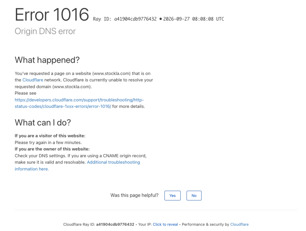 Stocklaは現在「Error 1016」が表示され、公式サイトを確認できない