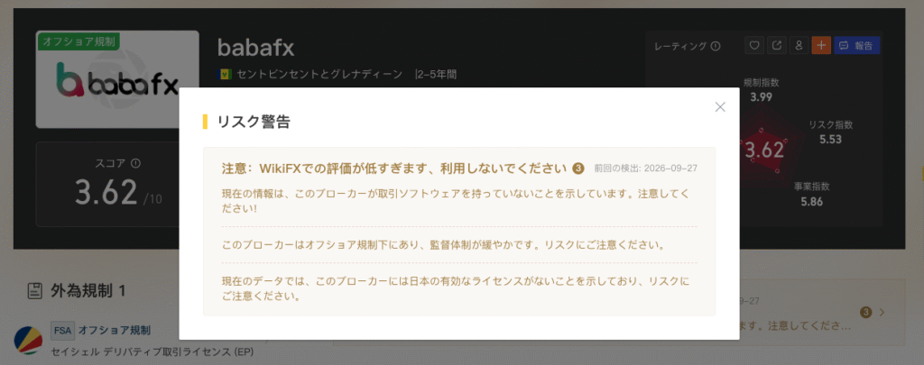 BabafxはWikiFXでリスク警告が表示されている